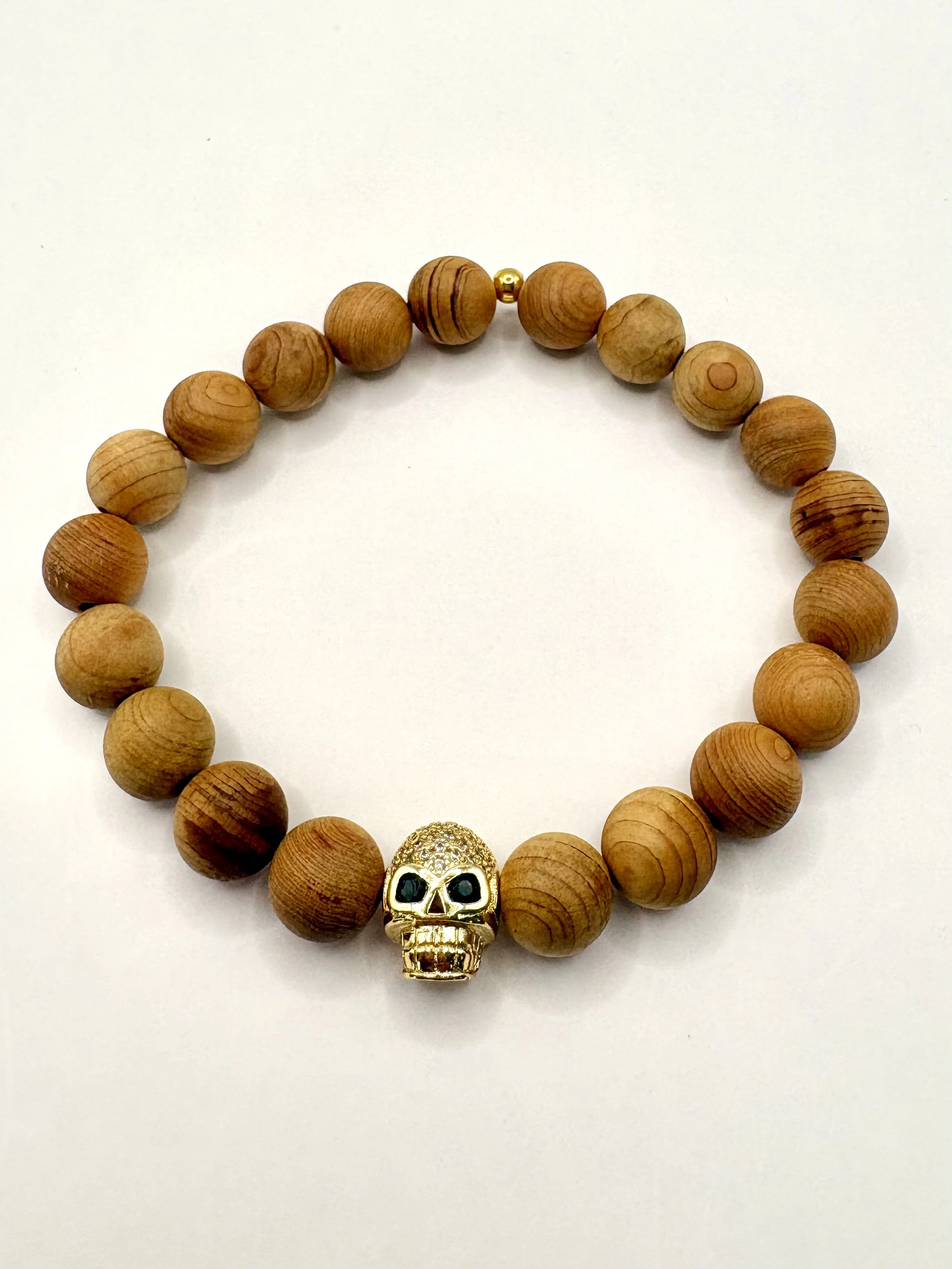 Wood Beaded Skull Charm Bracelet