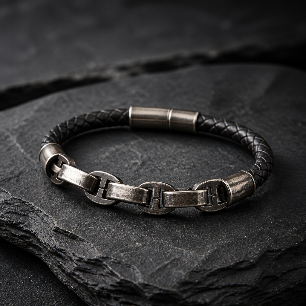 Rugged Gunmetal Chain Link Leather Bracelet