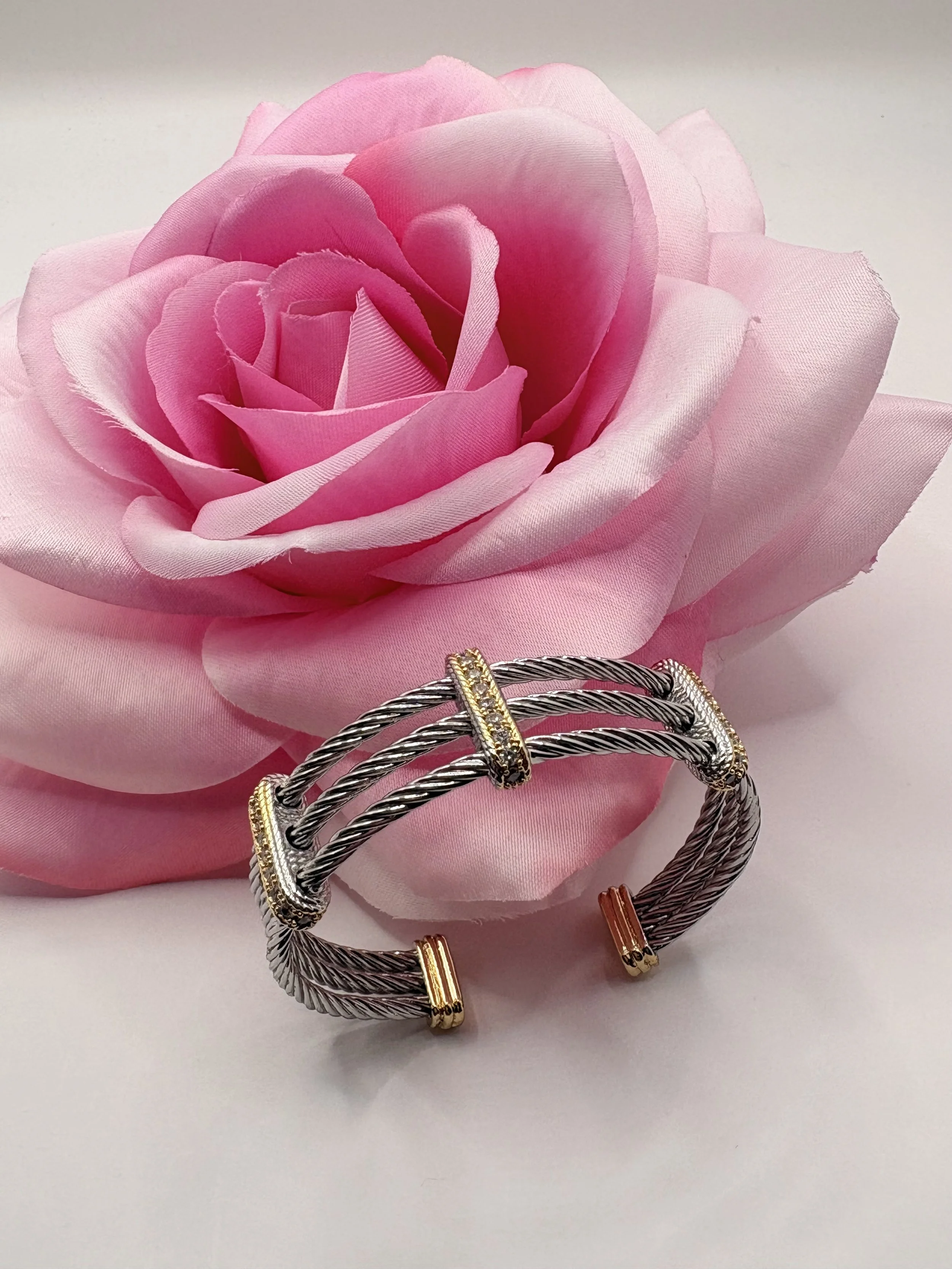 Designer-Inspired Silver- and Gold-Plated Cable Cuff Bracelet