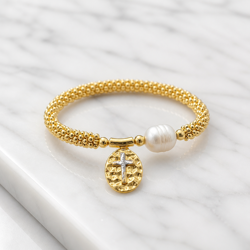 Golden Serenity Beaded Bracelet with Pearl and Cross Charm