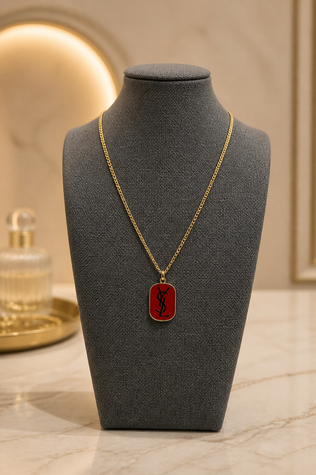 Sophisticated Designer-Inspired Gold & Red Enamel Pendant Necklace