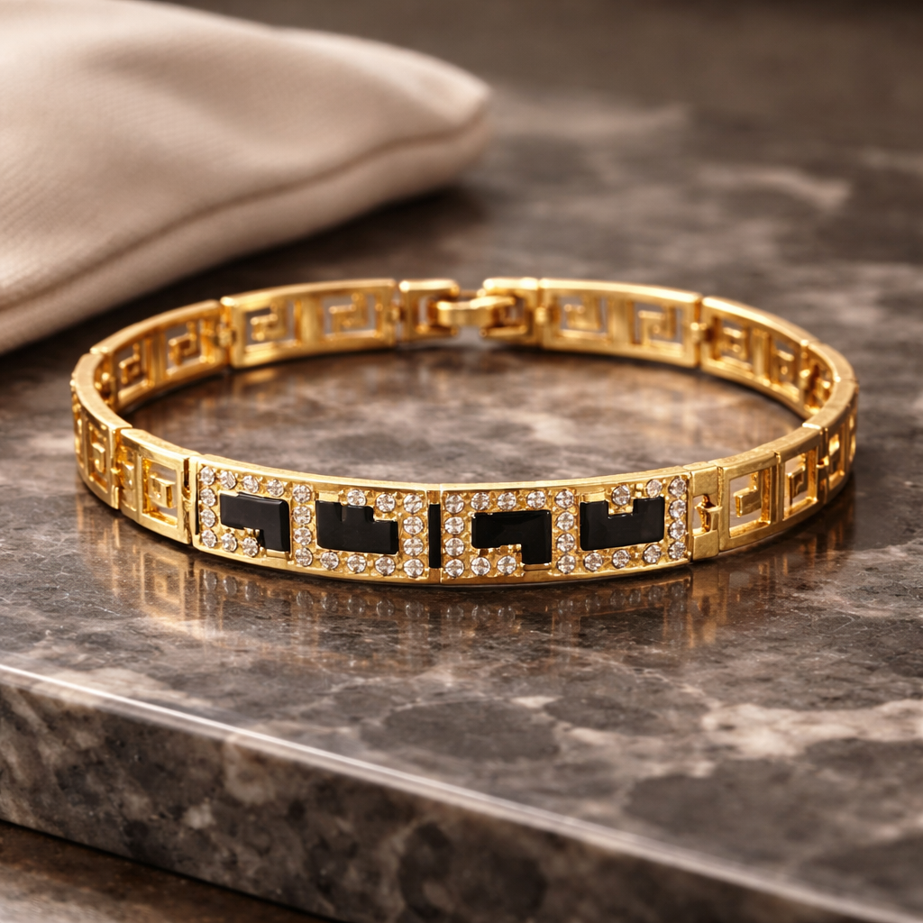 Greek Key Gold & Black Bracelet with Crystal Accents