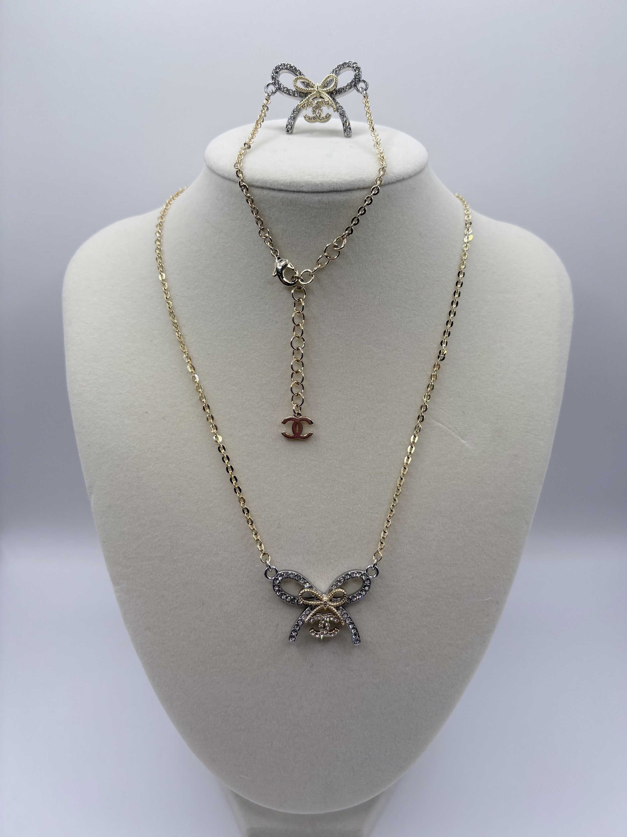 Designer-Inspired Bow Pendant Charm Necklace with Bracelet Set