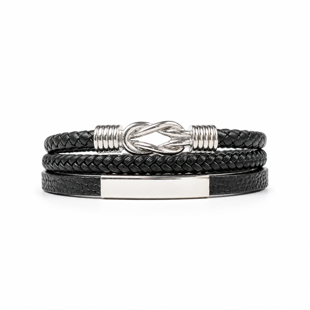 Men's Braided Leather Bracelet with Silver-Tone Knot Clasp