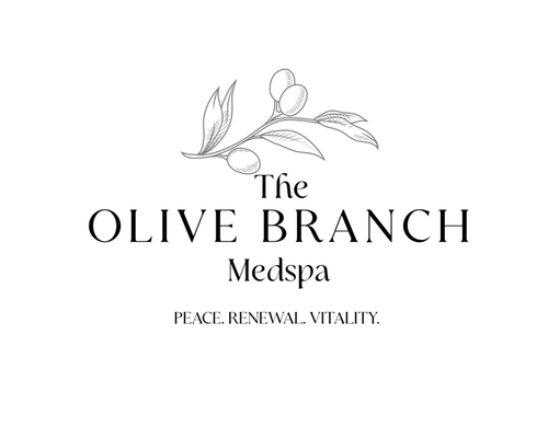 Logo for The Olive Branch Medspa with an illustration of an olive branch and the words 'Peace. Renewal. Vitality.'