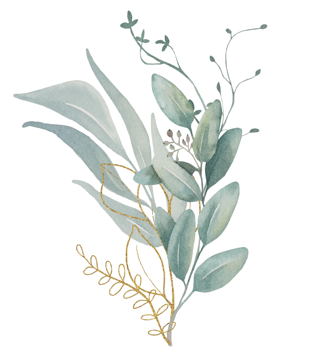 A watercolor painting of eucalyptus leaves with some gold accents.