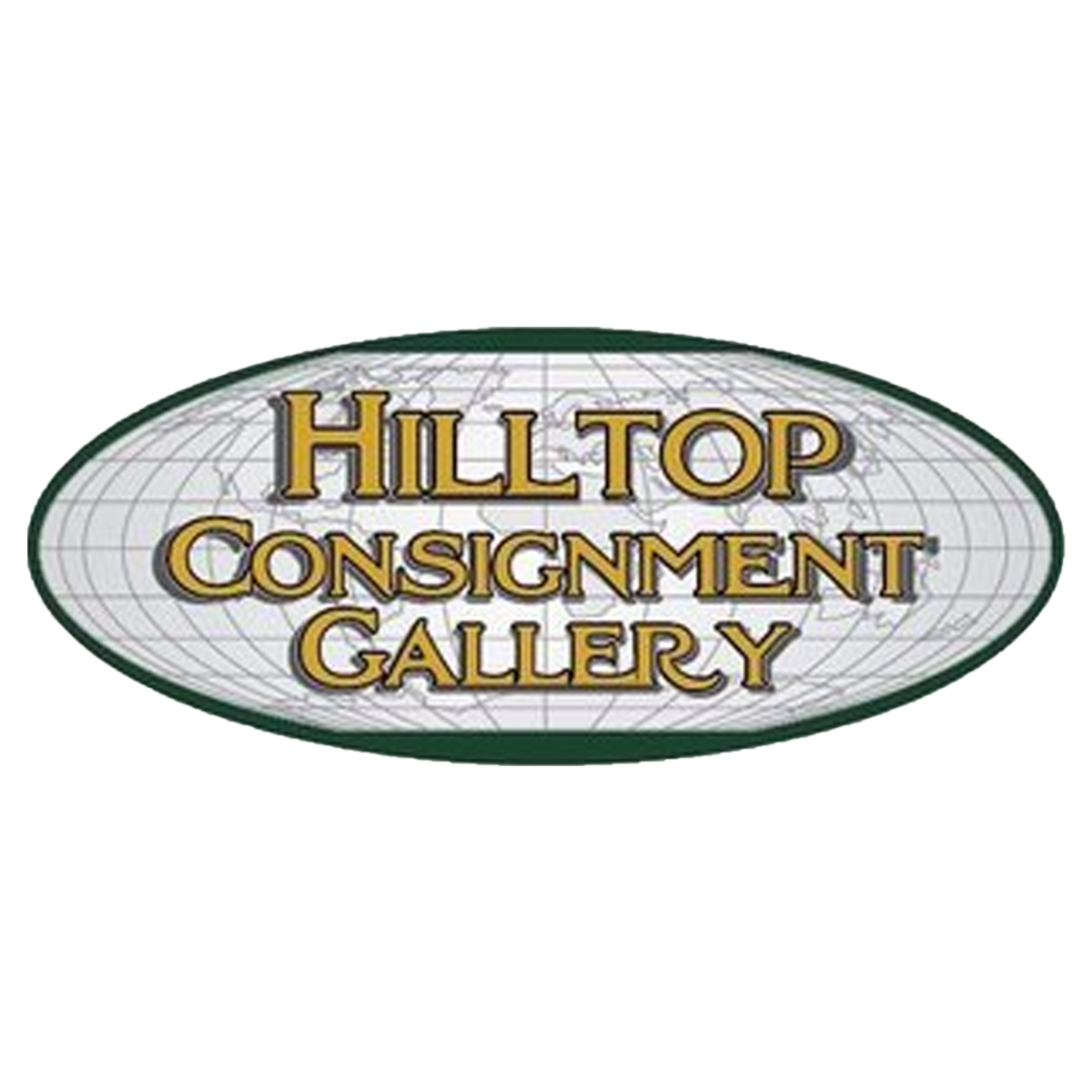 Logo for Hilltop Consignment Gallery featuring a globe in the background and gold-colored text.