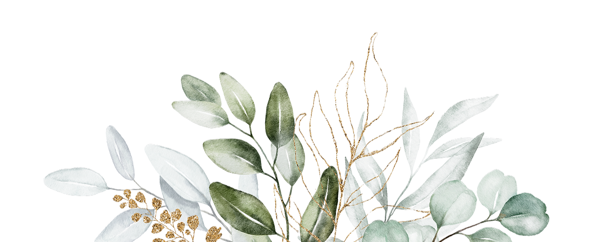 A bouquet of artificial eucalyptus leaves in white, green, and gold colors.