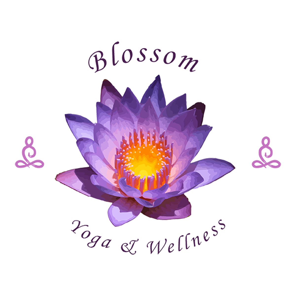 Illustration of a purple lotus flower with the text 'Blossom' above it and 'Yoga & Wellness' below, with decorative swirl designs on each side.