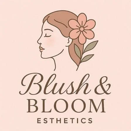 A logo features a side profile of a woman with a flower in her hair, with the text 'Blush & Bloom Esthetics' underneath.