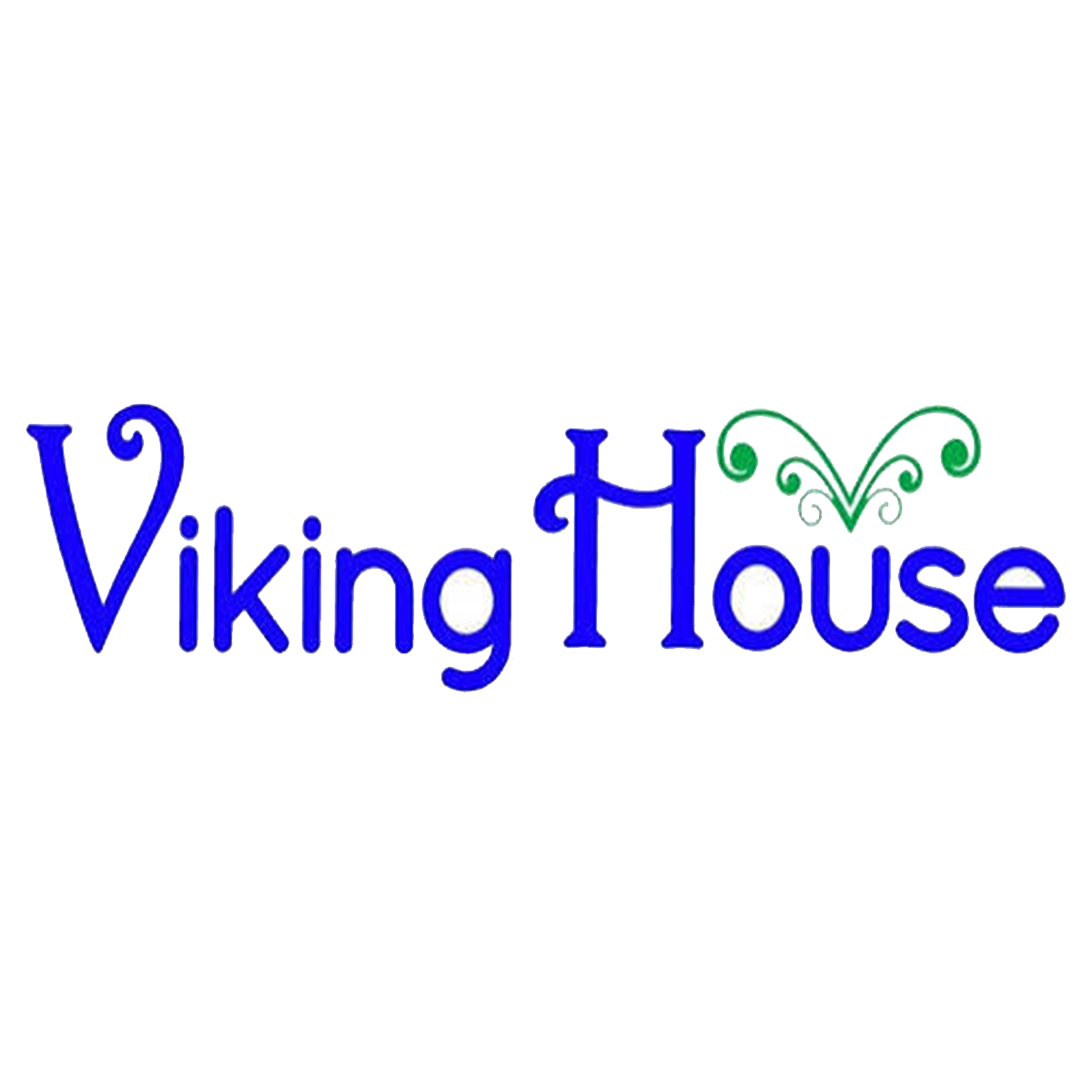 Logo with the text "Viking House" in blue, featuring a decorative green flourish above the "H".