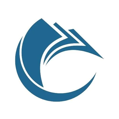 Abstract blue logo with curved shapes forming a stylized letter 'C'.