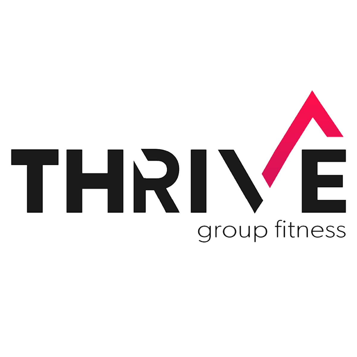 Thrive Group Fitness logo with the letter V designed as an upward arrow in pink.
