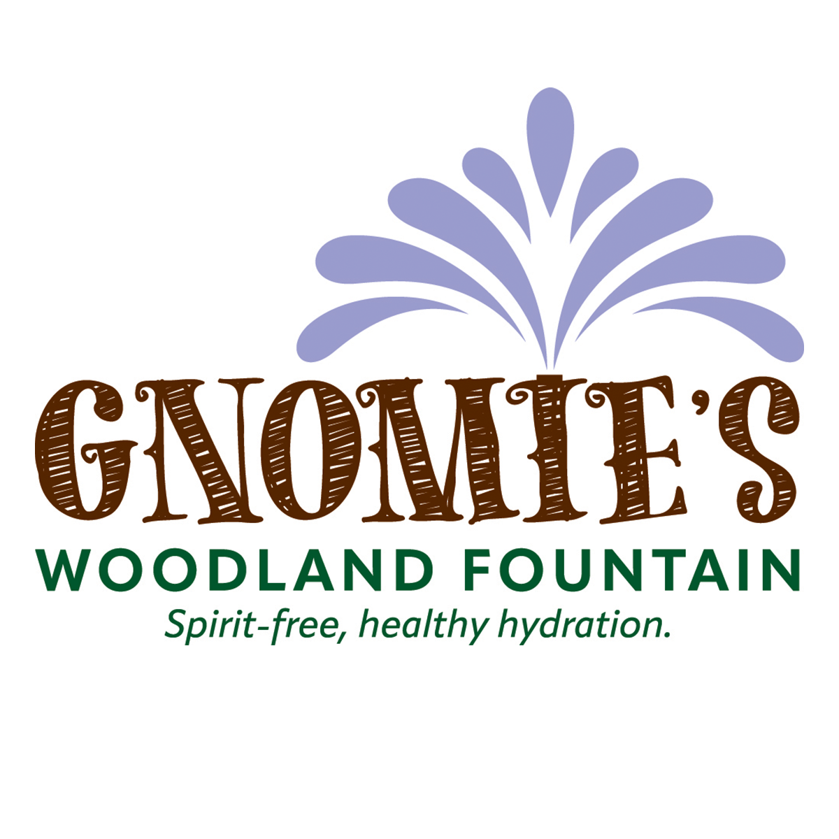 Logo for Gnome's Woodland Fountain featuring a blue water splash graphic and the tagline "Spirit-free, healthy hydration".