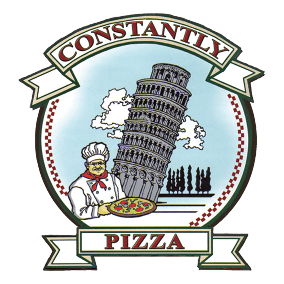 Logo featuring the Leaning Tower of Pisa, a chef holding a pizza, and the word 'Constantly' at the top and 'Pizza' at the bottom.