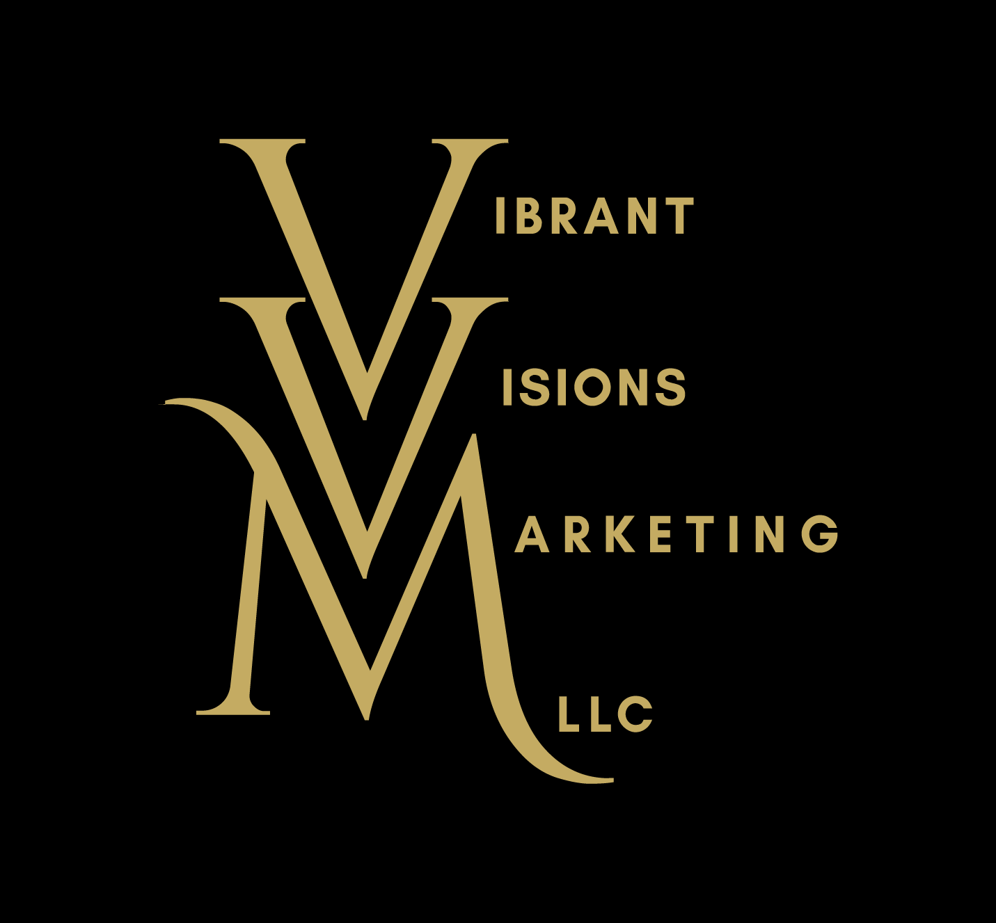 Gold and black business logo with large intertwined letters V and M, and the words 'Vibrant Visions Marketing LLC' arranged vertically to the right of the letters