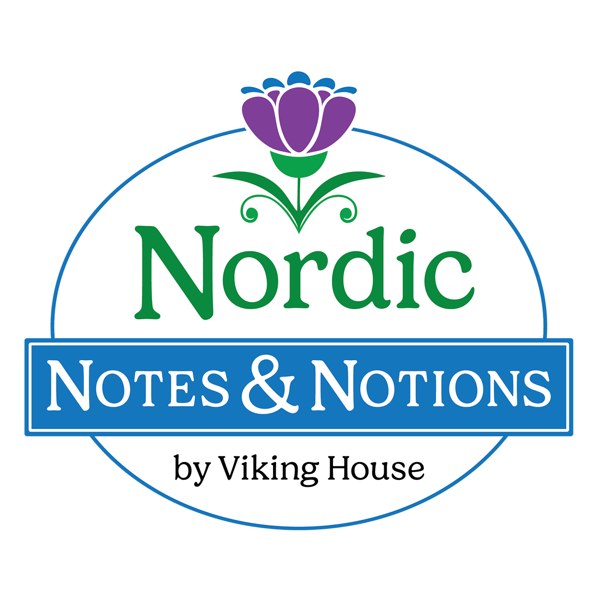 Logo for Nordic Notes & Notions by Viking House featuring a purple flower above the green word 'Nordic' and a blue rectangle with white text 'Notes & Notions' below, enclosed in a circular outline.