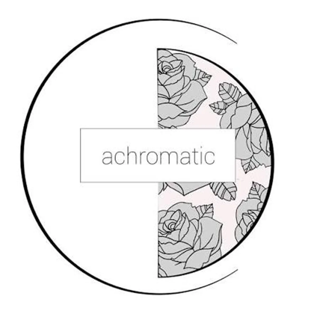 A circular graphic with floral patterns and the word "achromatic" in the center.