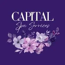 Logo for Capital Spa Services with purple background and purple and white flowers.