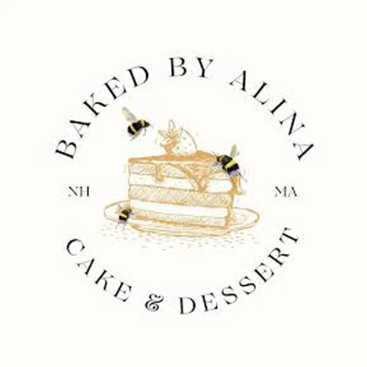 Logo featuring a stack of cake slices with honey drizzled on top, surrounded by three bees, and the text 'Baked by Alina' above and 'Cake & Dessert' below.