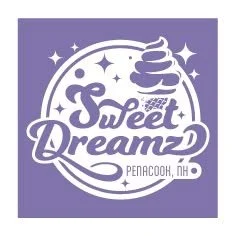 Logo for Sweet Dreamz, a business in Penacook, New Hampshire, featuring a stylized ice cream cone with swirled ice cream and sparkles around it, on a purple background.