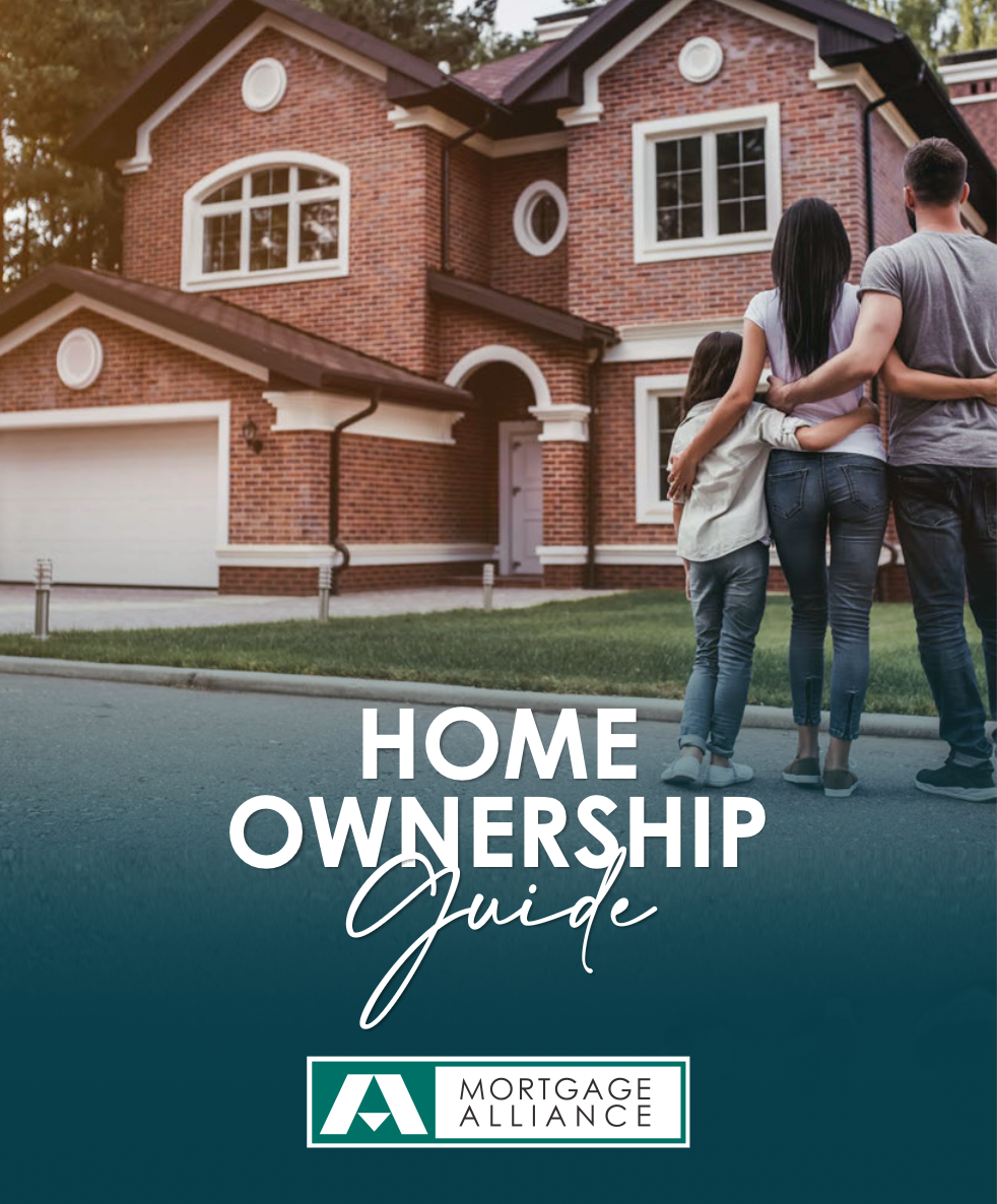 A family with two children and two adults standing in front of a large red brick house, embracing each other. The house has white window trims and a two-car garage. Text overlay reads 'Home Ownership Guide' and the Mortgage Alliance logo.