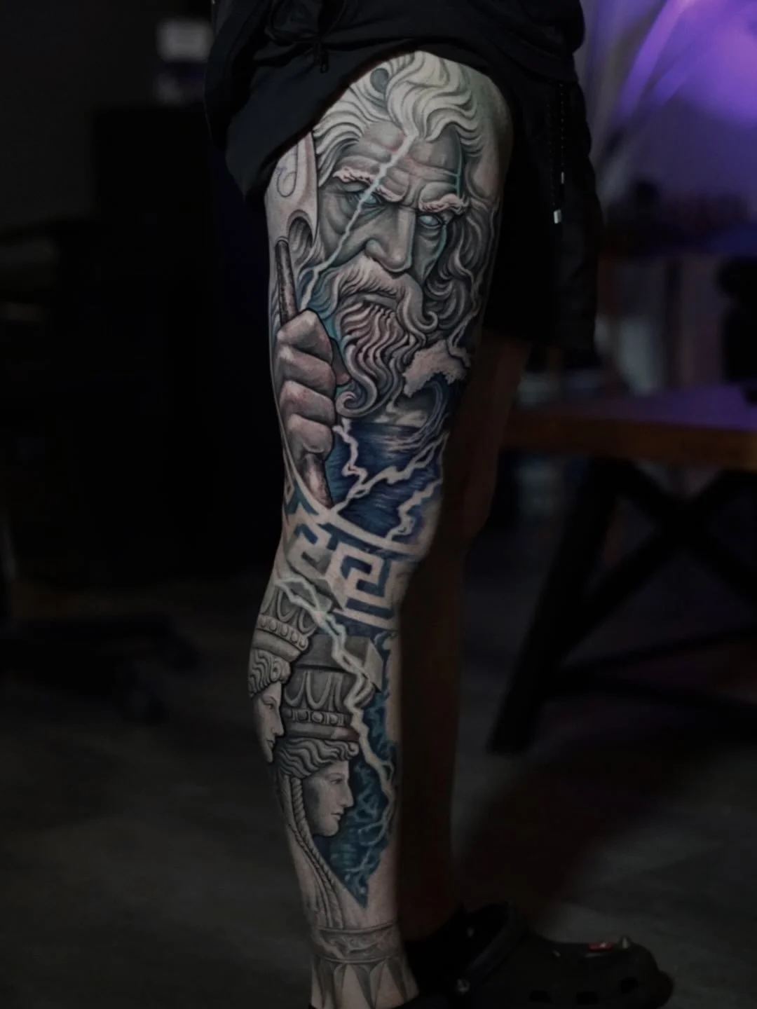 Healed black-and-grey Poseidon and Greek mythology full-sleeve tattoo with blue accents by Luis Dajer in Charlotte, NC.