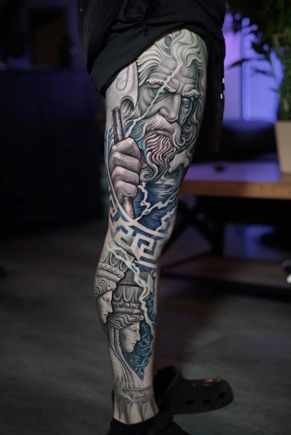 Black-and-gray Zeus and Greek mythology full-leg tattoo by Luis Dajer in Charlotte, NC.