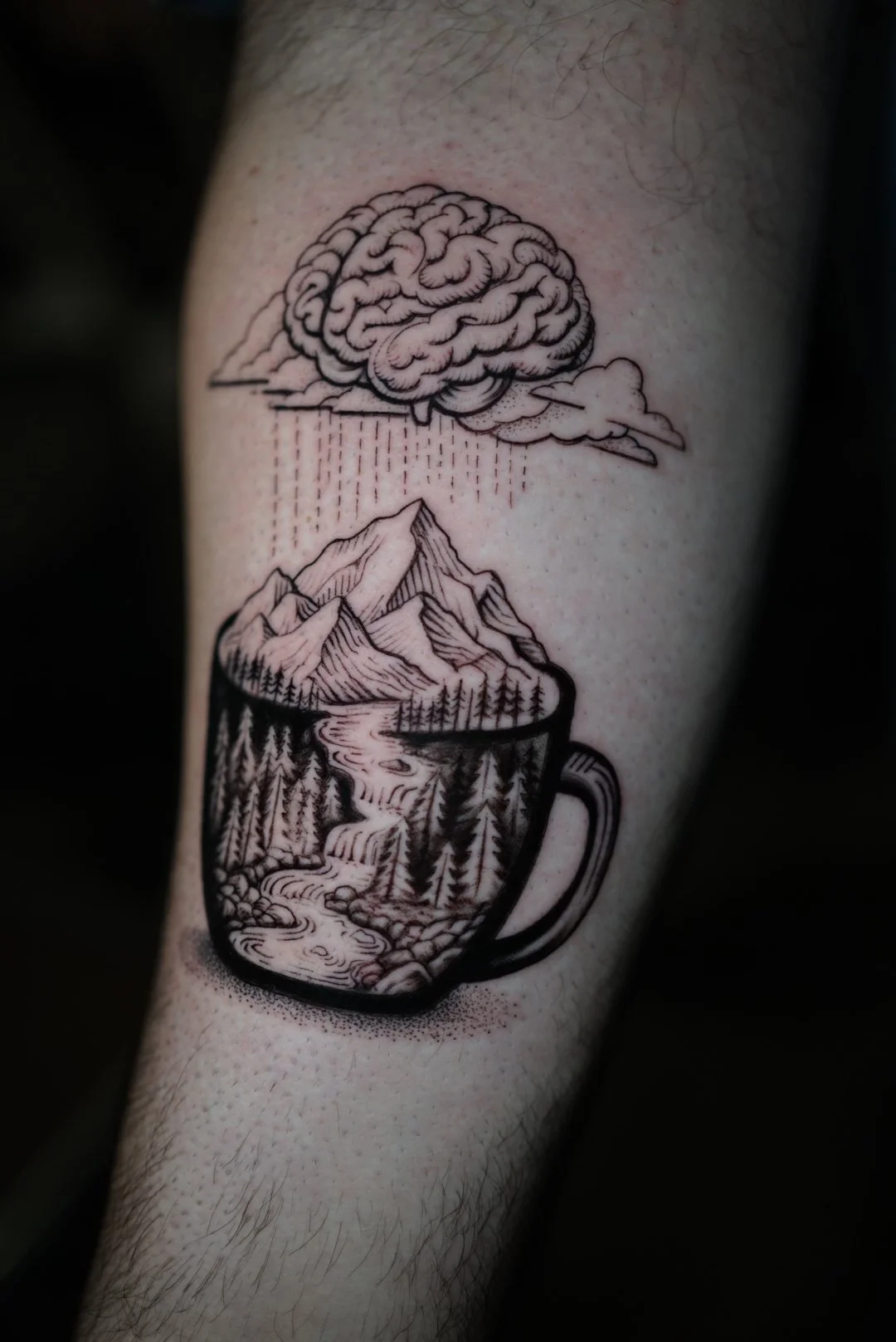 Surreal mountain, river, cup and brain tattoo by Luis Dajer in Charlotte, NC.