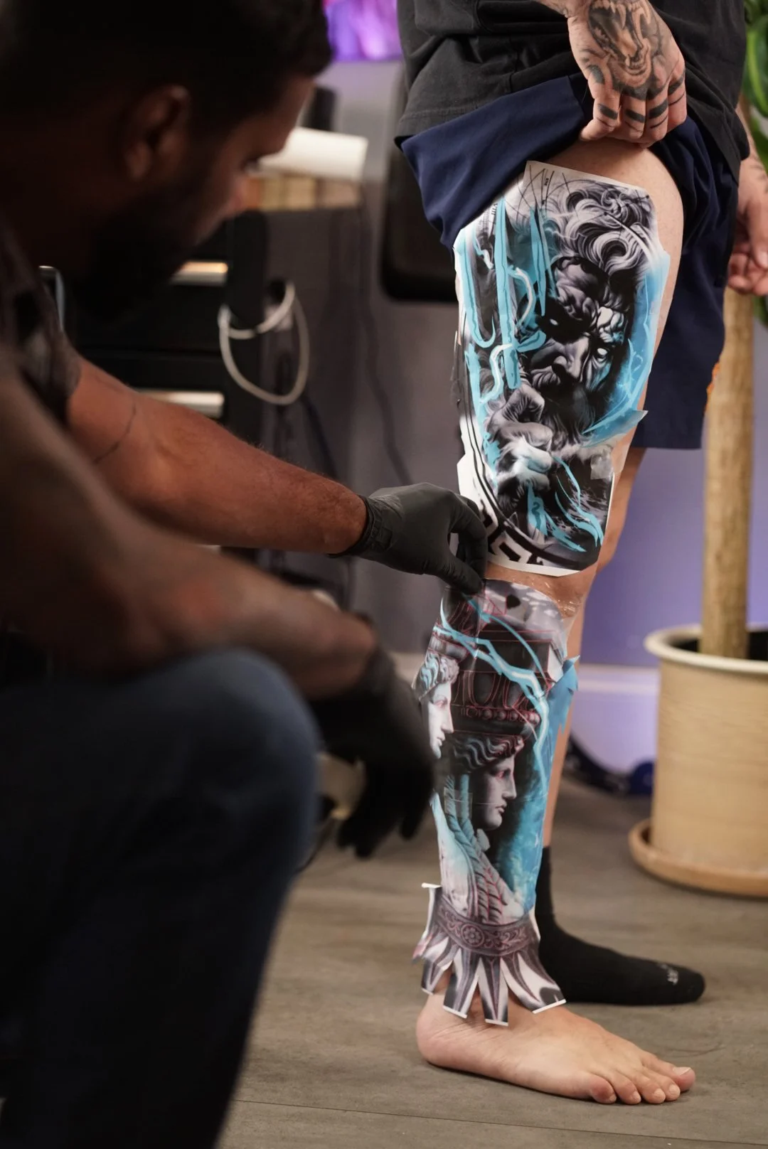 Color mythology full-leg tattoo in progress by Luis Dajer at Black Craft Tattoo Collective.