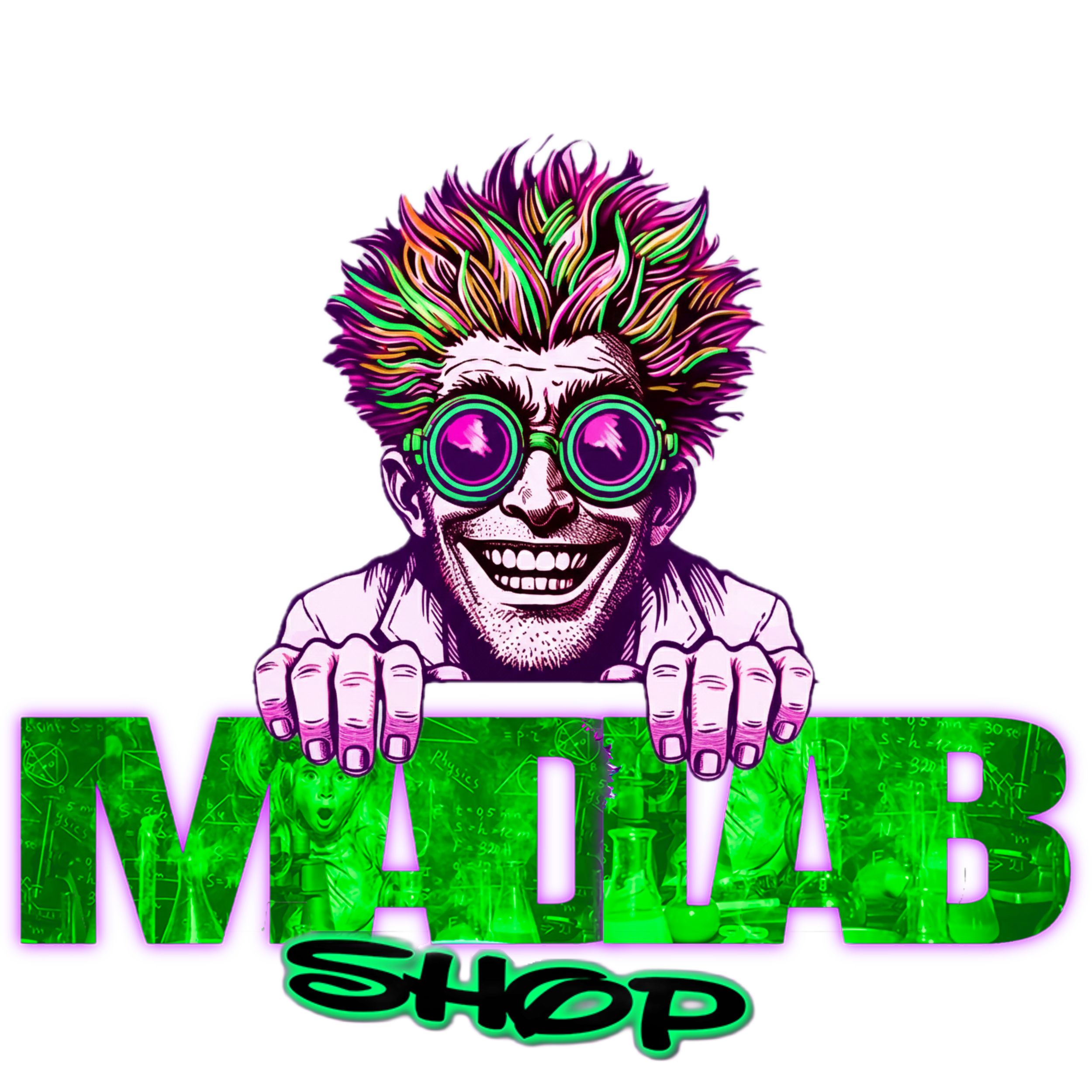 A cartoon illustration of a person with a big smile, wearing colorful neon glasses, with vibrant neon-colored spiked hair, playing on a futuristic holographic device.