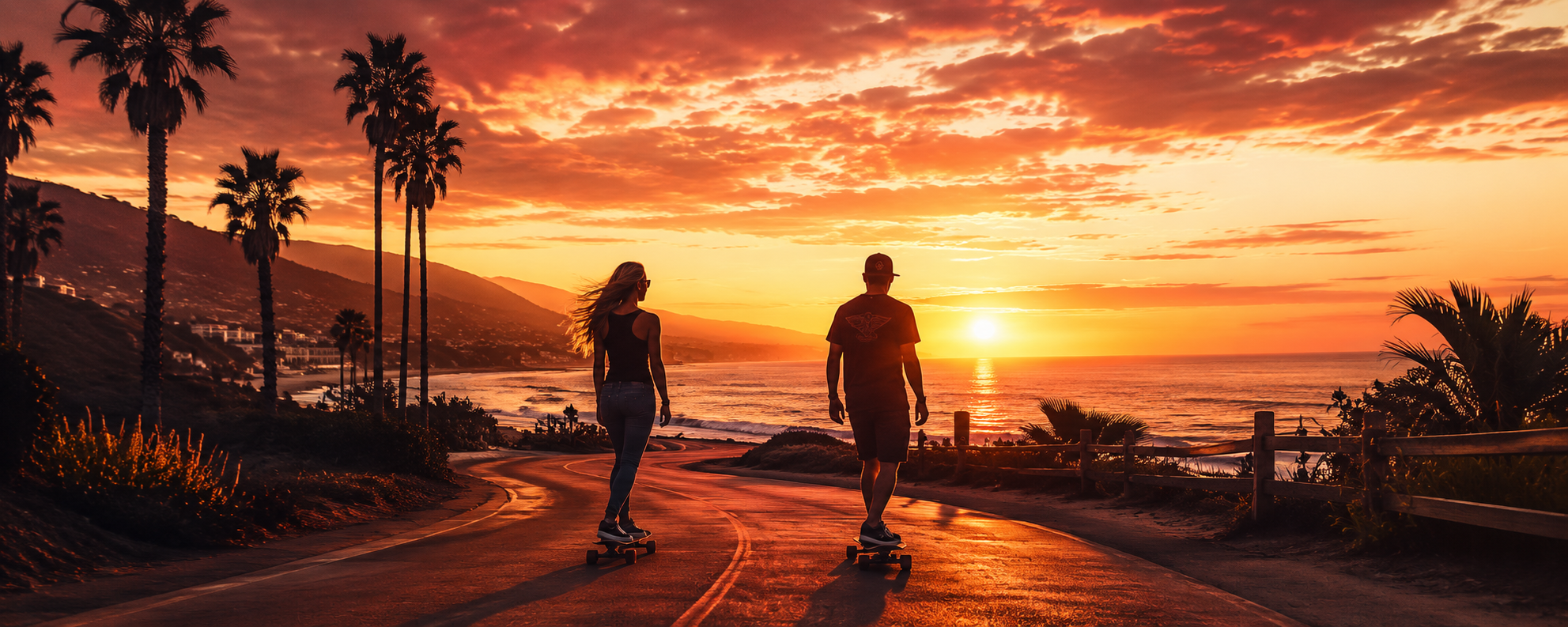 A silhouette of a man and woman skateboarding on a coastal road at sunset, with palm trees, ocean waves, and mountains in the background.