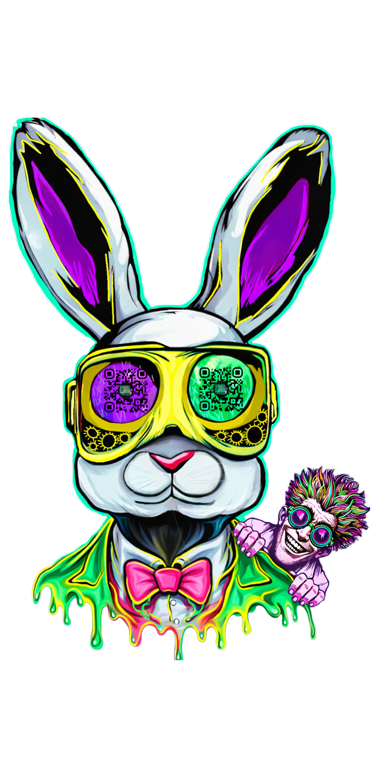 A colorful digital illustration of a rabbit wearing yellow sunglasses with QR codes, a pink bow tie, and a green jacket. There is also a small, similarly styled figure with sunglasses and spiky hair, smiling and giving a fist bump.