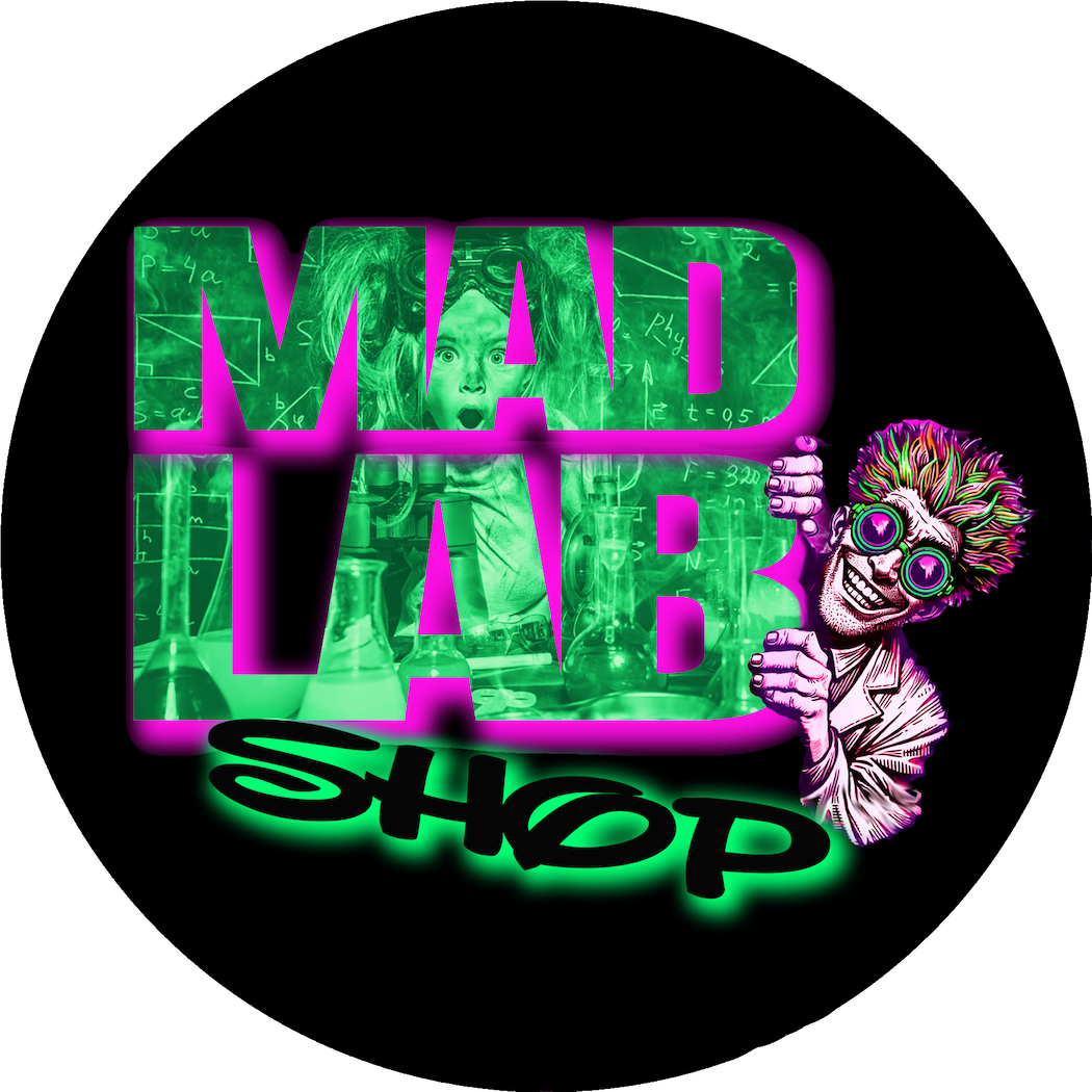 Colorful neon sign with the words 'Mad Lab Shop' featuring a surprised girl in a laboratory and a smiling scientist with colorful hair and glasses.