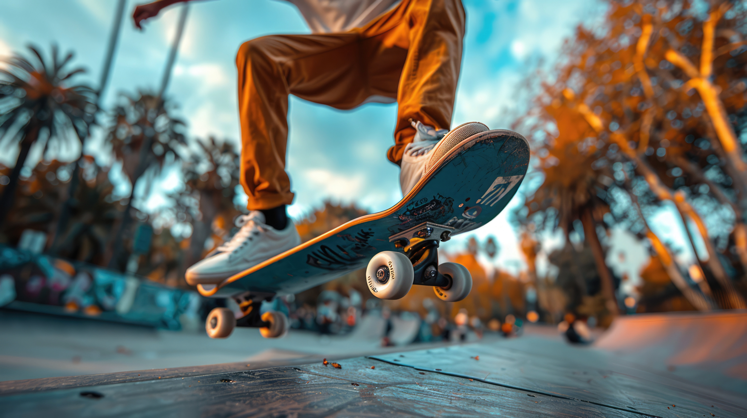 A skateboarder performing a trick in mid-air at a skate park during sunset, with trees and other skateboards visible in the background.
