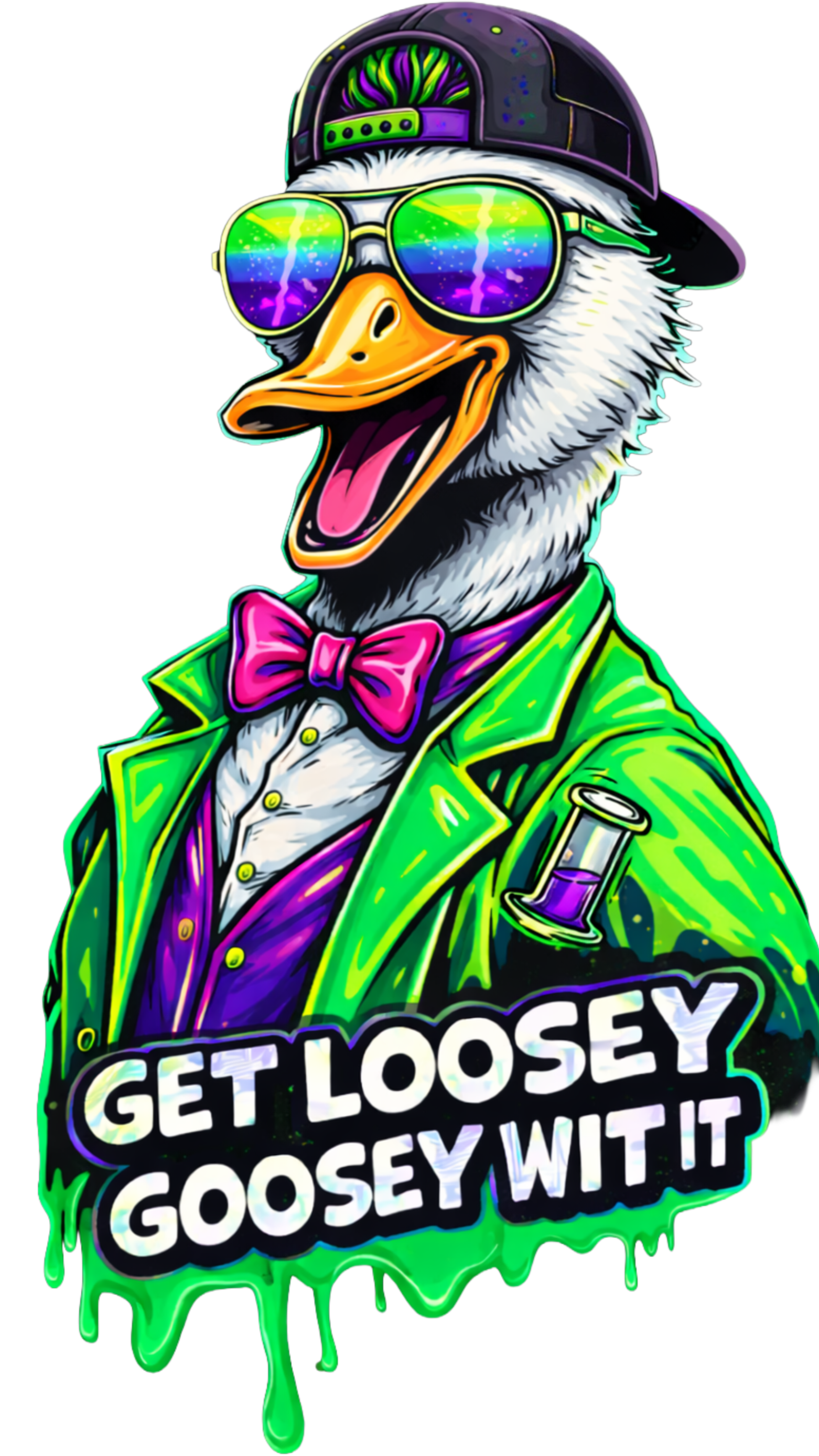 A cartoon-style goose wearing sunglasses with rainbow reflections, a backwards baseball cap, green jacket, purple shirt, red bow tie, and holding a test tube. The image features the phrase 'Get loosey, goosey wit it' in bold text.