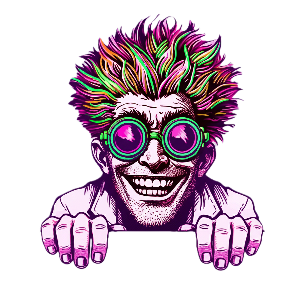 A colorful, neon-style illustration of a man with spiky hair, wearing large round sunglasses, grinning widely, with two hands gripping the lower edge of the image.