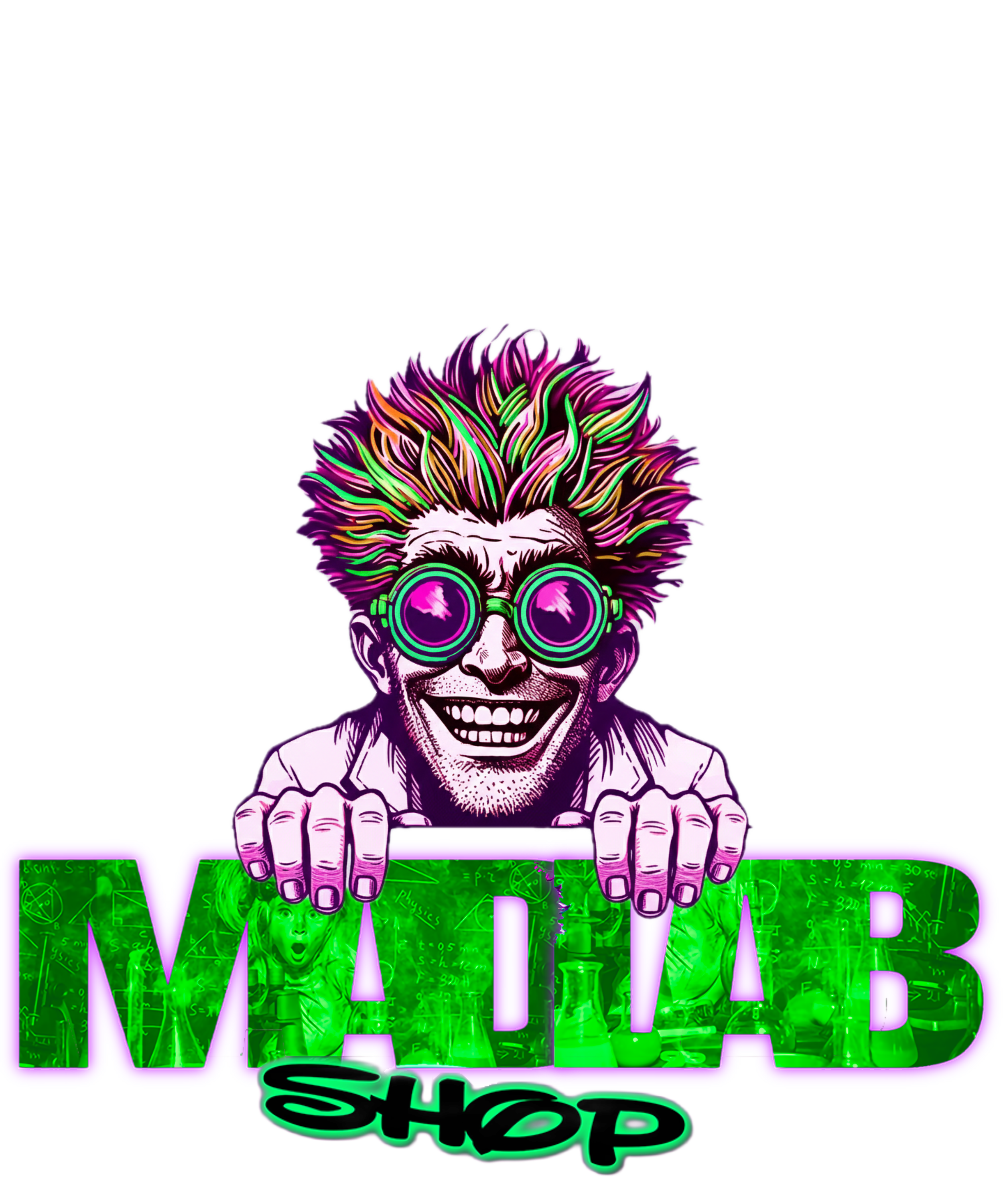 Illustration of a smiling man with spiky, colorful hair and wearing round glasses, leaning over a neon computer keyboard with the text 'NEVER MISS A SHOT' displayed.