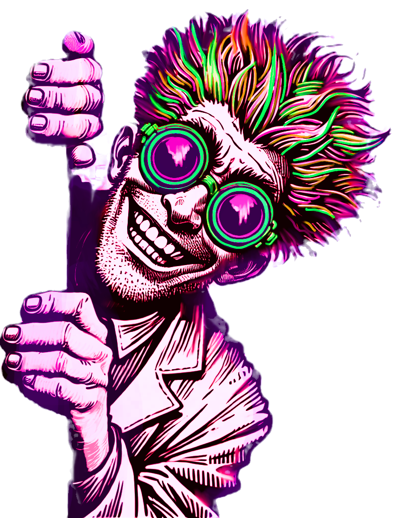 A vibrant, neon-colored illustration of a quirky man with wild, colorful hair wearing round glasses and a futuristic visor, giving a thumbs-up gesture.