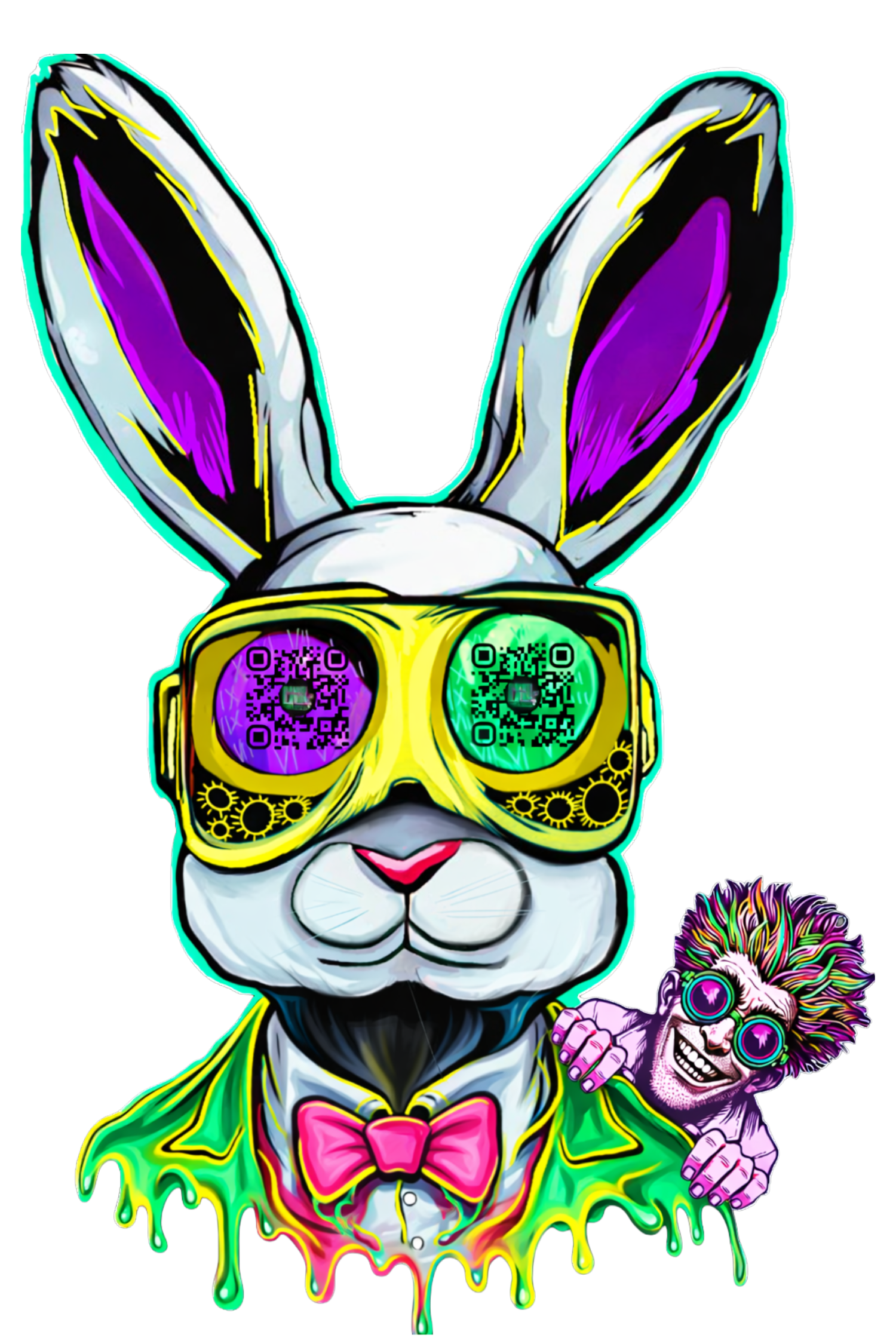 Stylized illustration of a rabbit with large ears, wearing neon-colored sunglasses with QR codes, a green jacket, pink bow tie, and a second clownish face wearing glasses and big feet in the background.
