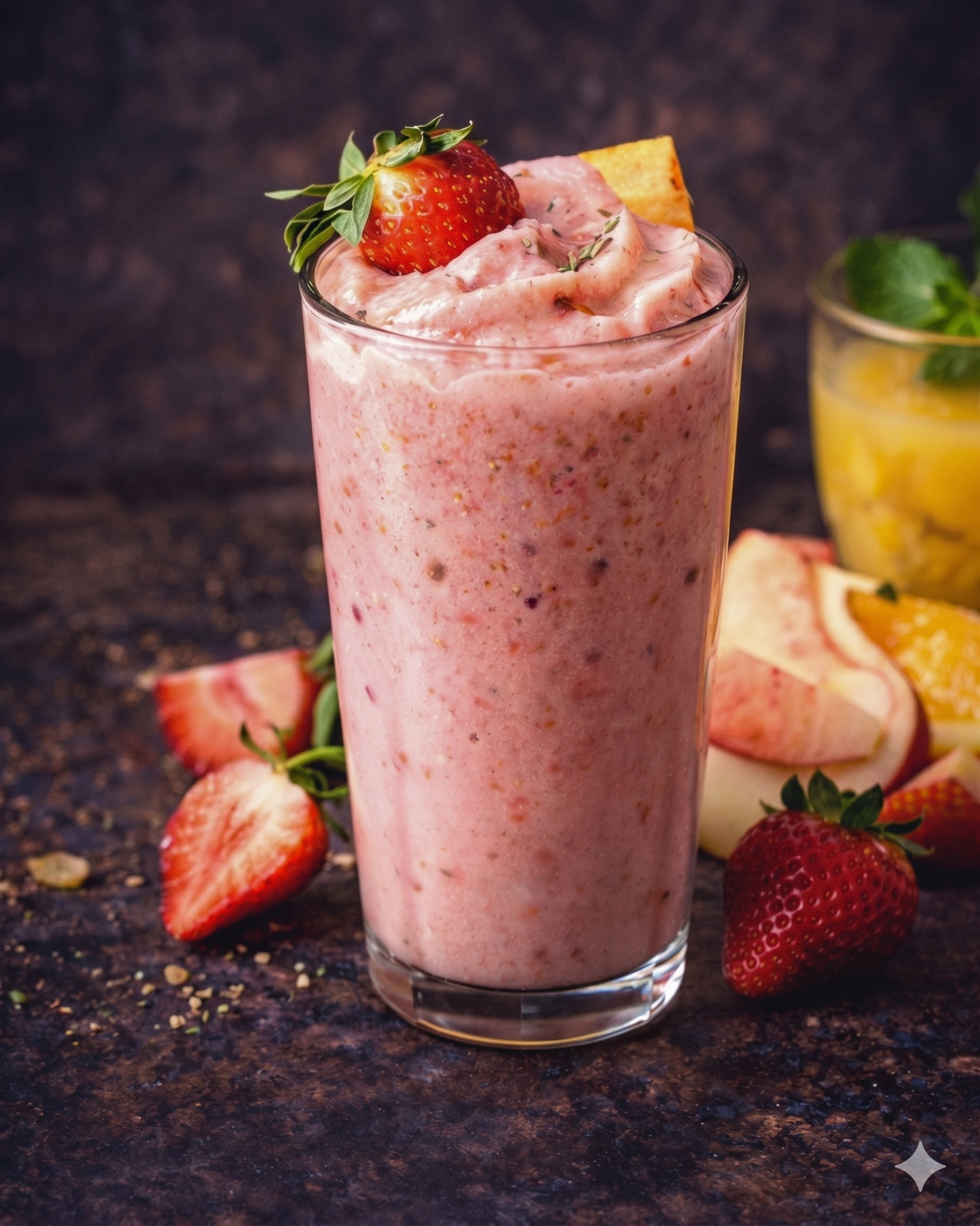 A glass of strawberry smoothie topped with a whole strawberry and fresh herbs, surrounded by sliced strawberries and apple slices on a dark textured surface.
