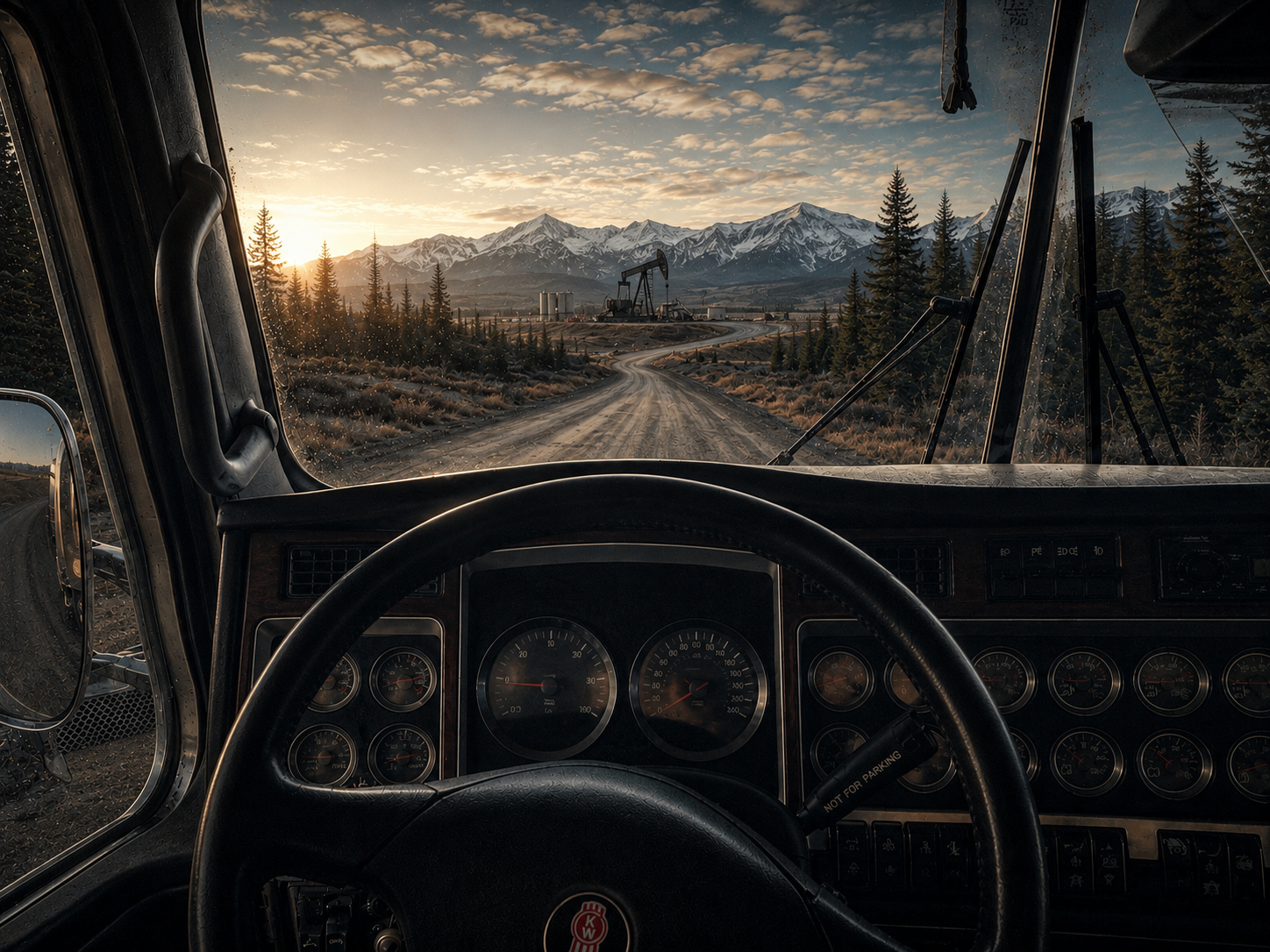 View from inside a truck cab showing a dirt road leading towards distant mountains with snow-capped peaks during sunset or sunrise, with a large oil pump and some industrial structures in the distance.