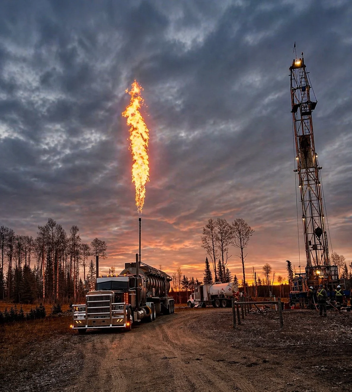 A drilling rig with a flame at the top, located in a rural area with trees and a sunset sky, and workers nearby.