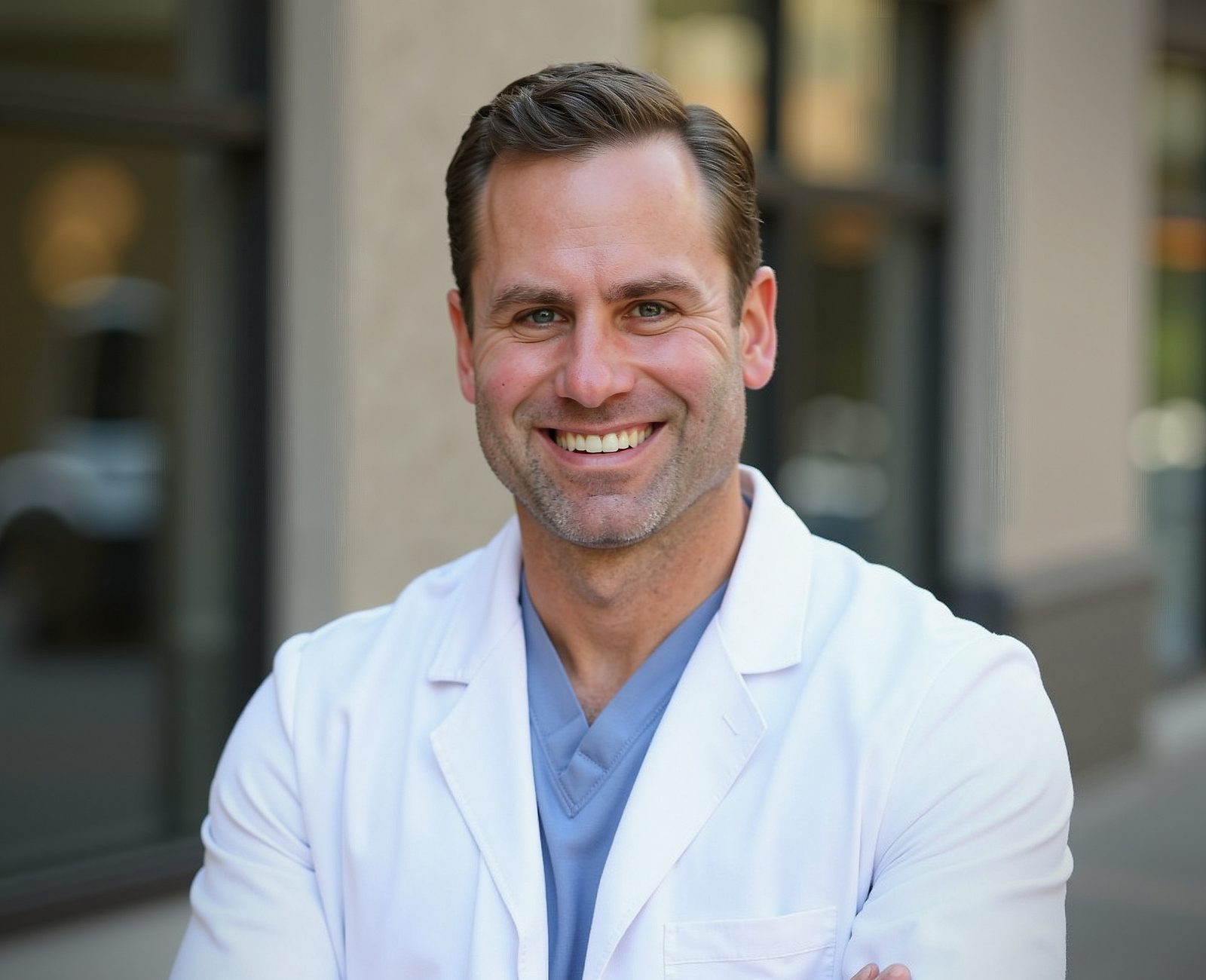 Smiling male doctor wearing white coat and light blue scrubs outdoors.