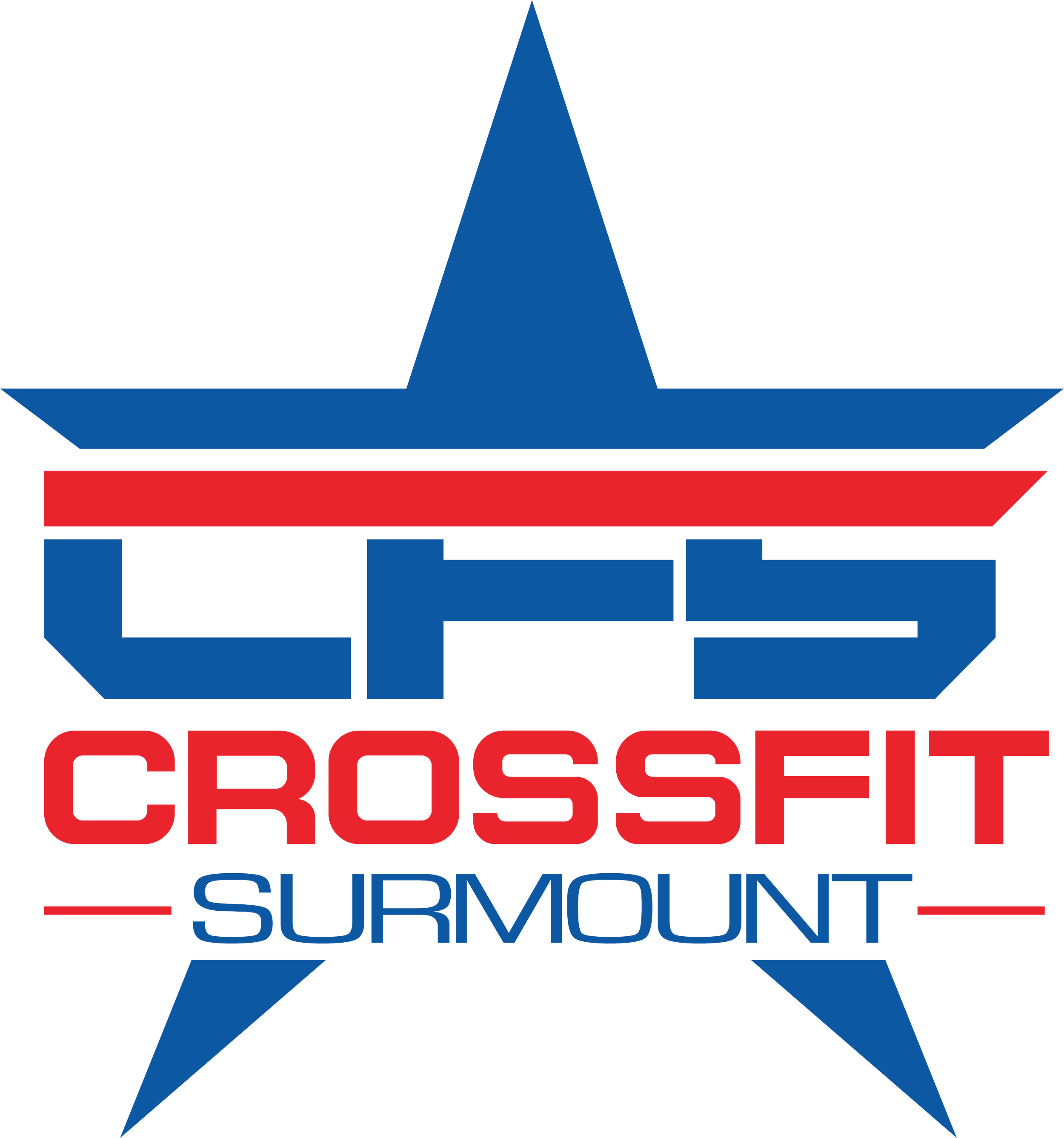 Logo for CrossFit Surmount featuring a blue star, red and blue stripes, and bold red and blue text.