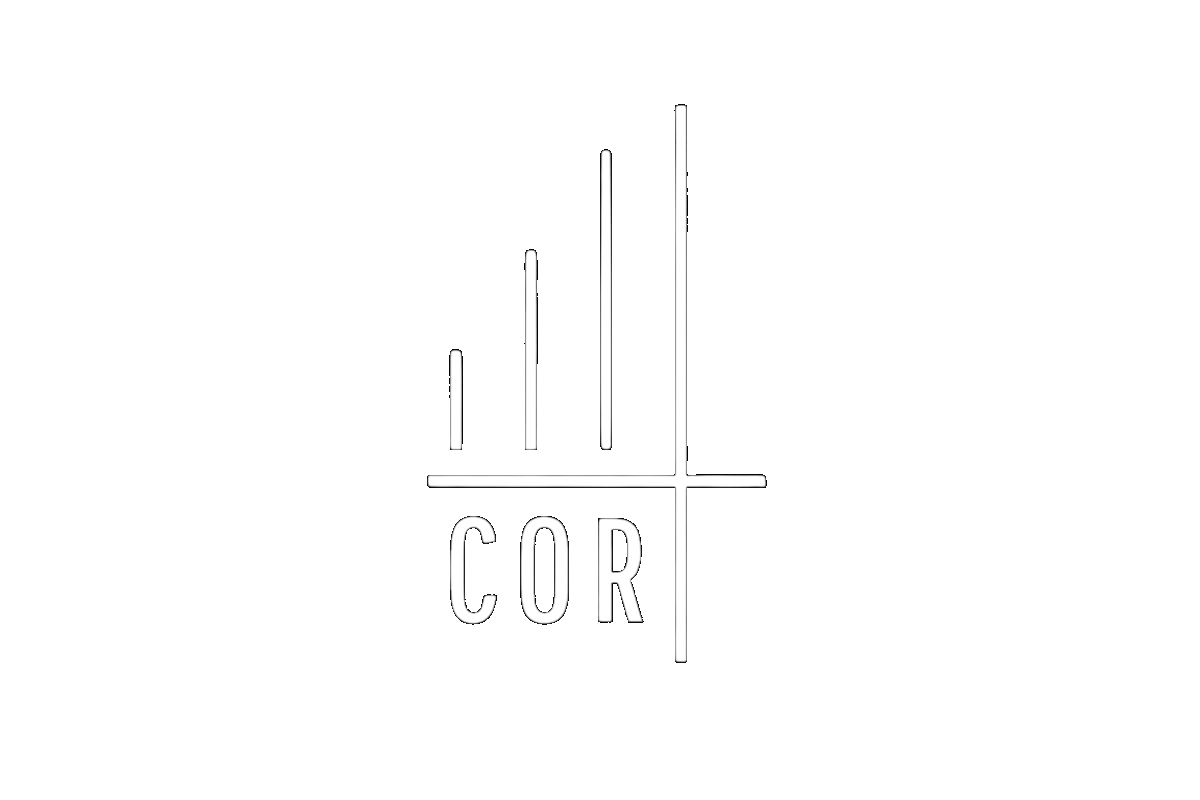 Black background with a white logo consisting of four vertical lines of varying lengths, a horizontal line crossing them, and the letters C, O, R arranged vertically below the intersection.