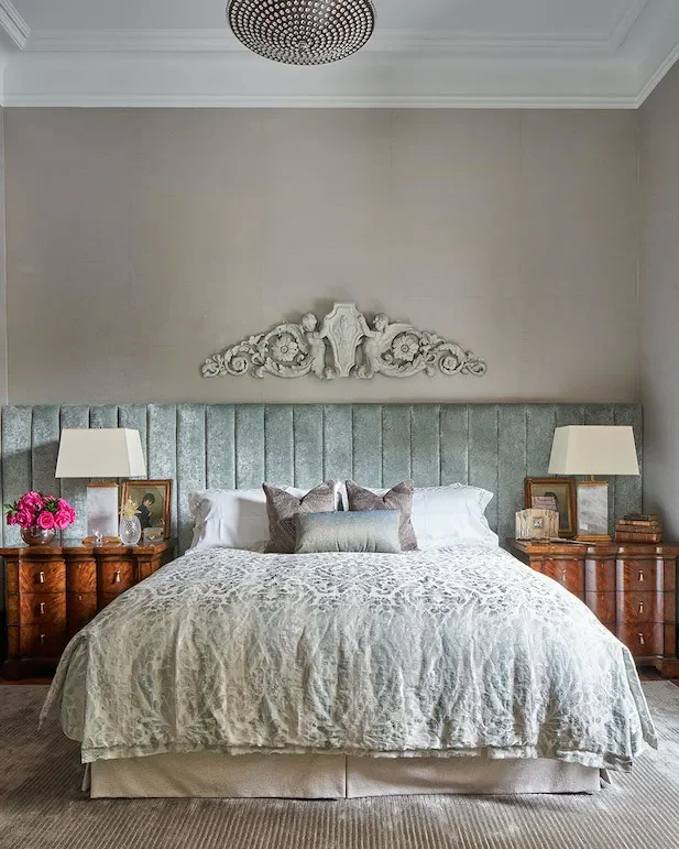 Wallpaper installation in a residential bedroom at The Dakota.