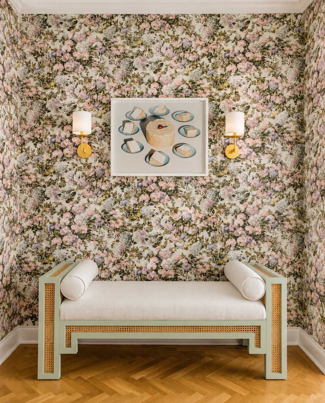 Floral wallpaper installation in a styled residential interior.