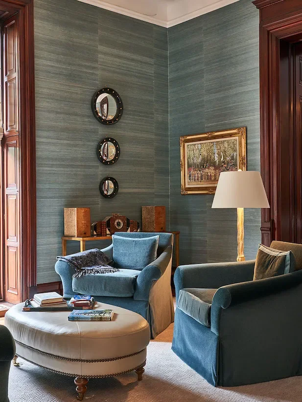 Wallpaper installation and interior finishes in The Dakota Building.
