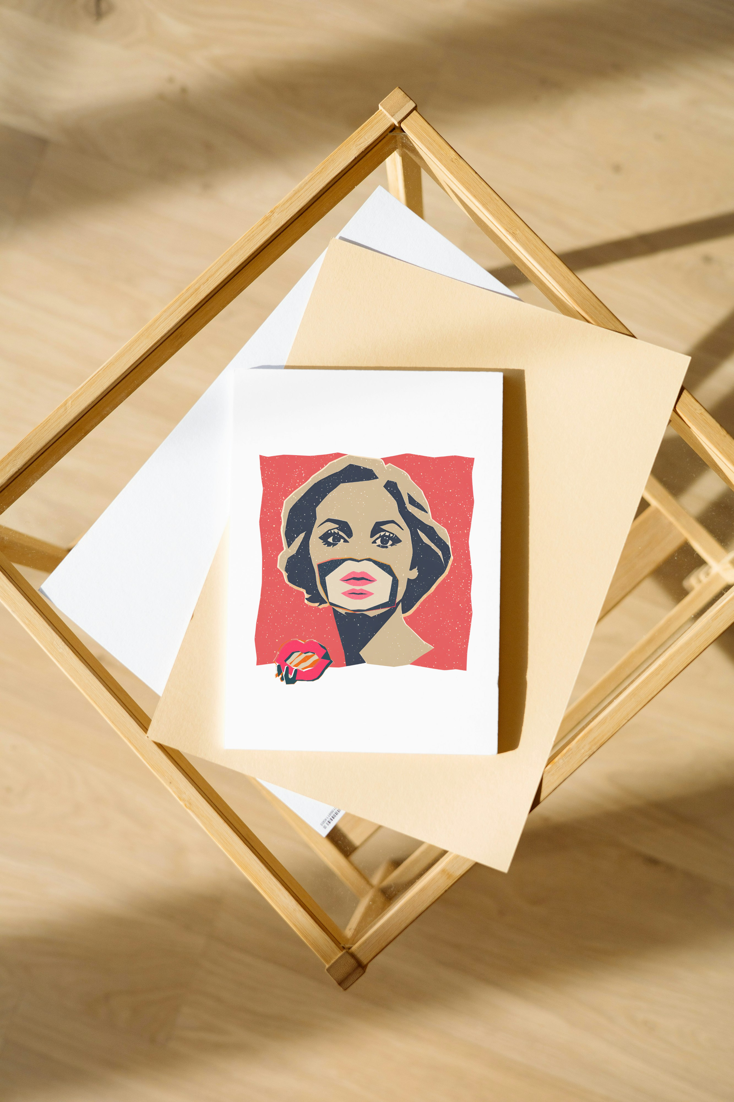 A piece of artwork featuring a stylized portrait of a woman with wavy hair and red lips, set against a red background with an abstract shape in a similar color near her neck.